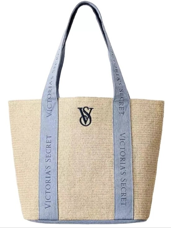 Victoria's Secret Handbags - Victoria's Secret Beige Straw Tote with Light Blue Straps